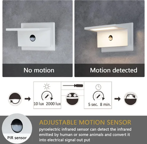 Vista 2 de Lustrlach Luces de pared para exteriores con sensor de movimiento, color blanco, para casa, moderna, LED, impermeable, de aluminio, para montaje