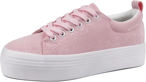 Vista 16 de JABASIC Zapatillas de plataforma con cordones para mujer, zapatillas casuales cómodas de moda para caminar Todo blanco