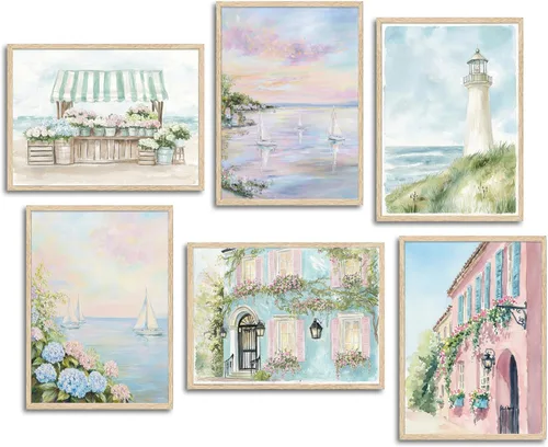 Vista 16 de DULASI Juego de 6 lienzos de paisaje costero de playa, impresiones en lienzo de océano rosa y azul, cuadros abstractos de paisaje marino de verano