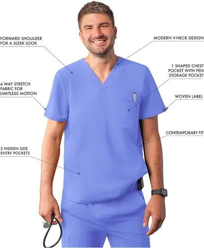 Vista 3 de Adar Addition - Ropa quirúrgica para hombre - Moderna camiseta médica con cuello en V con múltiples bolsillos