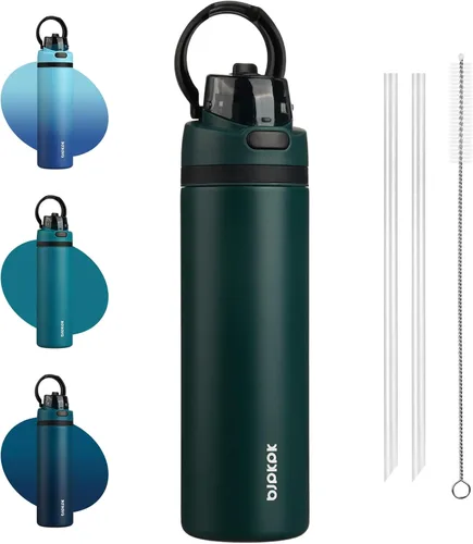 Vista 23 de BJPKPK Botella de agua aislada de 17 onzas con tapa de popote y asa, acero Verde militar
