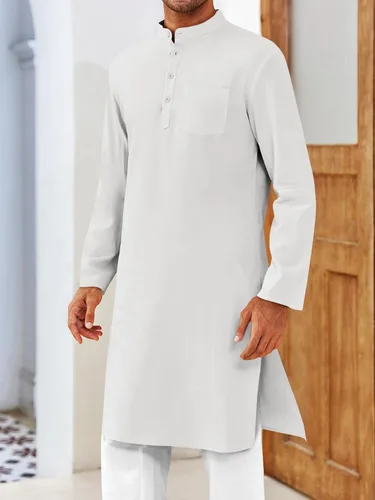 Vista 4 de Bata de caftán para hombre, con botones, manga larga, estilo Henley, de algodón, casual, con abertura lateral Blanco