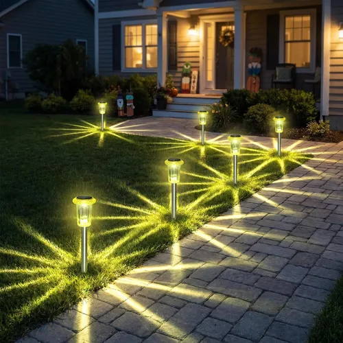 Vista 6 de Eyrosa Luces solares para exteriores, patrón de explosión de estrellas, paquete de 10 unidades de carcasa amarilla limón de alta visibilidad, luces