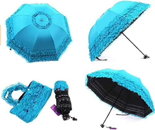 Vista 2 de Paraguas de viaje plegable compacto resistente a los rayos UV princesa encaje sombrilla paraguas para mujeres niñas