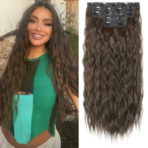 Vista 16 de REECHO Extensiones de cabello con clip, 5 piezas, de 24 pulgadas, de color rubio ceniza, extensiones de cabello con ondas largas y sueltas, HE002