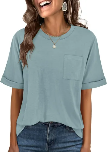 Vista 16 de ANRABESS - Camiseta de manga corta para mujer, estilo oversized, casual, suelta, básica, para verano, con bolsillo Caqui
