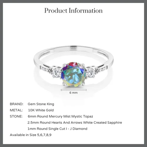 Vista 6 de Gem Stone King Anillo de compromiso de oro blanco de 10 quilates con topacio místico azul simulado de zafiro y diamante de 3 piedras para mujer