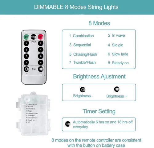 Vista 6 de Metaku - Juego de 2 tiras de luces de hadas de 33 pies con 100 LED, luces LED parpadeantes que funcionan con pilas, con control remoto