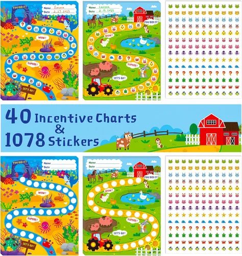 Vista 9 de 4 gráficos de incentivos con 3300 calcomanías reutilizables, tabla de recompensas con temática de bosque/granja/océano/espacio para aula, hogar
