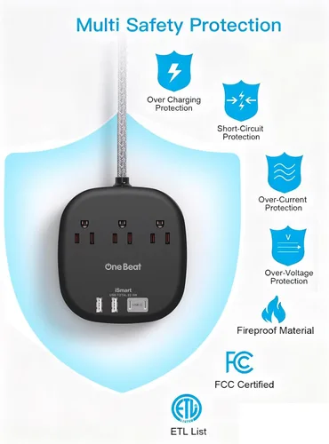 Vista 7 de Cruise Ship Travel Essentials, tira de alimentación de enchufe plano de 22.5 W/4.5 A, cable de extensión plano de 3 pies, 3 tomas de corriente, 4