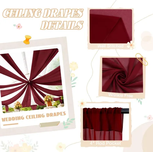 Vista 3 de FUHSY Cortinas de techo para arco de boda, tela drapeada, tela de gasa, cortinas de gasa burdeos para telón de fondo, 5 x 20 pies, 2 paneles