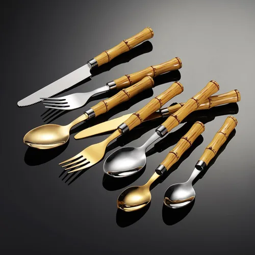Vista 3 de Cutlery Set 40-Piece Flatware Set for 10,Bamboo Handle Food-Grade 18/8 Stainless Steel Include Dinner Forks Spoons Knives and,Gold-16 Piece Set for 4