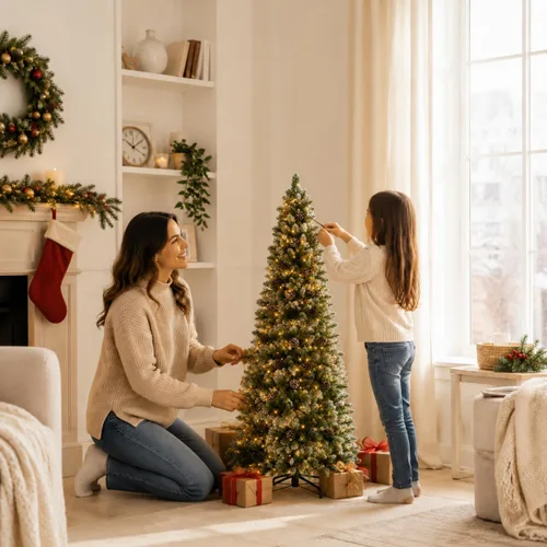 Vista 9 de 4.5 ft Frosted Artificial Pencil Christmas Tree with Pine Cones PVC foliage, hinged branches, foldable stand, indoor holiday decor for apartments