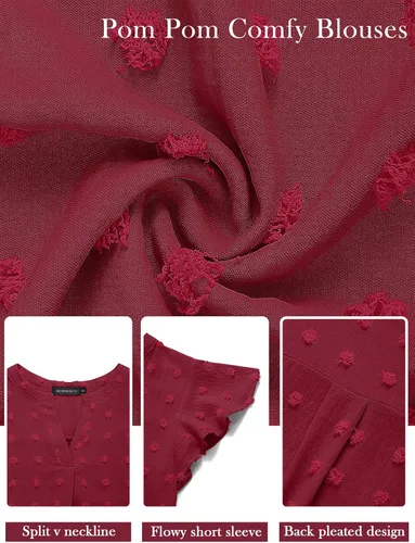 Vista 4 de MEROKEETY Blusa de manga corta con volantes y cuello en V para primavera 2026, para verano, con lunares suizos, elegante, informal, con vuelo