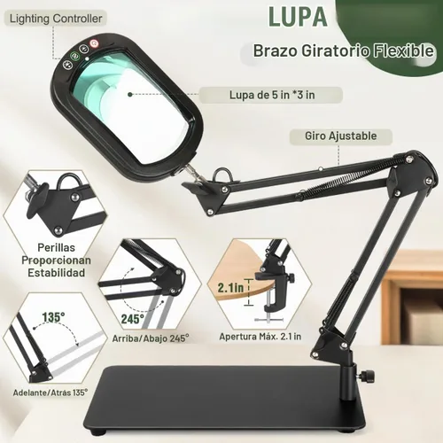 Vista 6 de Veemagni Lupa de Aumento 10X con Luz y Soporte, Vidrio Real Rectangular, 5 Modos de Color Regulables Lámpara de Escritorio LED 2 en 1 y Abrazadera