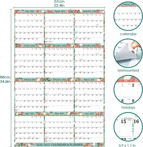 Vista 3 de Calendario 2026-2027 – Calendario anual de pared 2026-2027, julio 2026 - junio 2027, 22.4 x 34.6, calendarios de pared plegados de papel, calendario