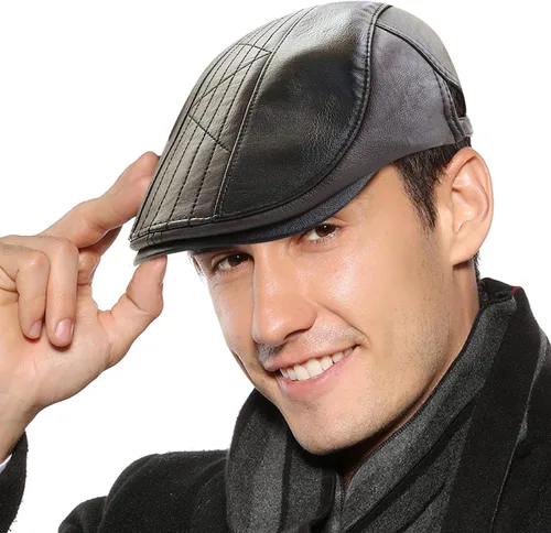 Vista 23 de Panegy Sombrero de periódico para hombre, gorra plana de piel sintética, sombrero de boina ajustable, sombrero de hiedra para conducir golf al aire