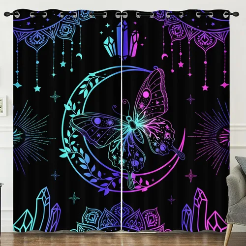 Vista 11 de HOSIMA Cortinas mágicas de hongos 2 paneles, cortinas de mariposa floral con mandala para sala de estar, decoración de habitación de moda para niñas