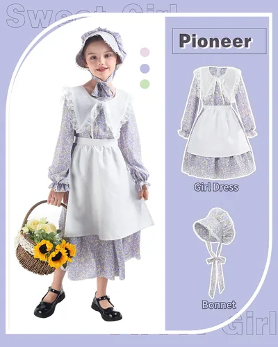 Vista 2 de NSPSTT Disfraz de pionera para niña, vestidos de pradera para niñas, vestido colonial floral para niña de los años 1800