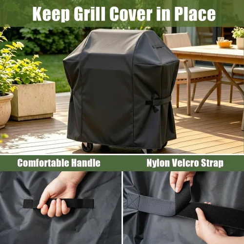 Vista 5 de Funda para parrilla, 300D Oxford resistente al agua, cubierta de gas para barbacoa con correas de nailon ajustables, a prueba de polvo, resistente a