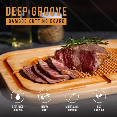 Vista 5 de Masirs Tabla de cortar de madera de bambú, lados reversibles para cortar y tallar, crestas elevadas para mantener la carne en su lugar y ranuras