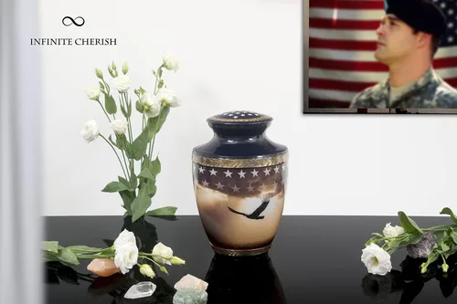 Vista 8 de Urna de cremación patriótica para cenizas humanas para adultos, macho, funeraria azul marino, recipiente de cremación para veteranos estadounidenses