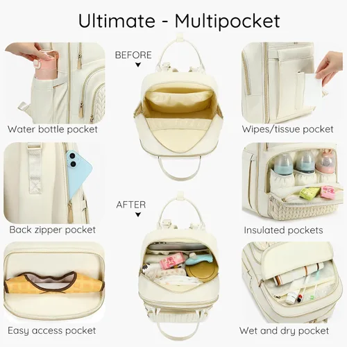 Vista 2 de Mochila para pañales, grande, multifuncional, para niños, niñas y bebés, bolsa esencial de viaje con cambiador, bolsillos aislados, correas
