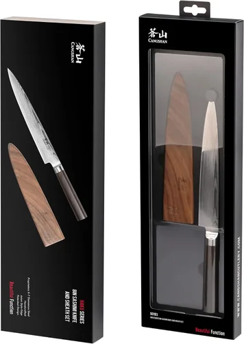 Vista 9 de Cangshan HAKU Series - Cuchillo Sashimi de 8 pulgadas con funda, acero de Damasco forjado X-7, 501103