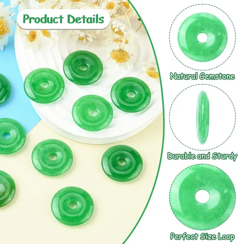 Vista 3 de KitBeads 10 dijes de dona de jade natural, dije curativo de chakras, círculo, moneda, cuarzo para hacer collares, joyas