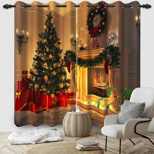 Vista 11 de Cortinas con adornos de Navidad impresos, cortinas para ventana de chimenea, calcetines de Navidad, árboles de Navidad, regalos, paneles opacos