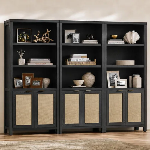 Vista 10 de SICOTAS Estantería de ratán de 5 niveles con puertas para biblioteca Roble negro