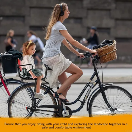 Vista 5 de Asiento trasero de bicicleta para niños, portabicicletas con reposabrazos, pedales y arnés de seguridad, asiento trasero para niños de 2 a 8 años