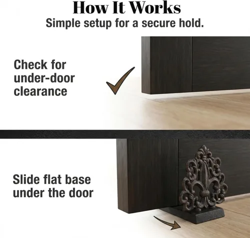 Vista 7 de LuLu Decor, Tope de puerta de hierro fundido Fleur De Lis, tapón de puerta en acabado negro antiguo, producto hermoso y útil, simplemente inserta