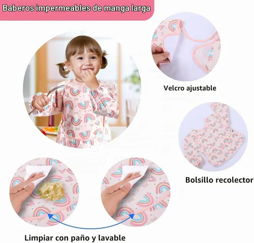 Vista 2 de SPINFOX Paquete de 2 batas de bebé para comer, babero a prueba de desorden, baberos impermeables para bebés de 6 a 24 meses Manga de arco iris rosa