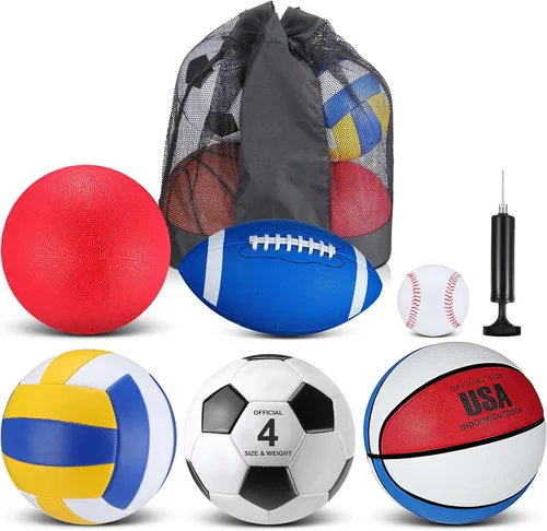 Vista 9 de Realspring Juego de 6 pelotas deportivas múltiples para niños y adolescentes, tamaño oficial, fútbol, voleibol, pelota de juegos infantiles, béisbol