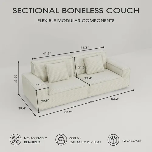 Vista 2 de Sofá modular de nube deshuesada de 106 pulgadas, 2 piezas modulares para sala de estar, sofá comprimido en una caja, sin montaje (beige)