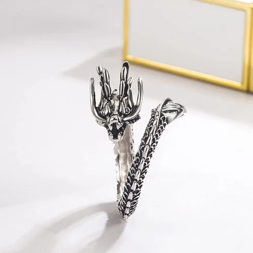 Vista 6 de Anillo vintage de dragón para hombre, plata de ley 925, anillos punk abiertos para mujeres y niños, anillos ajustables de plata maciza, gótico, hip