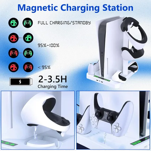 Vista 5 de Soporte de estación de refrigeración compatible con PS5, PSVR2 Sense Controller Charging, soporte de auriculares para gafas PS VR2, para consola