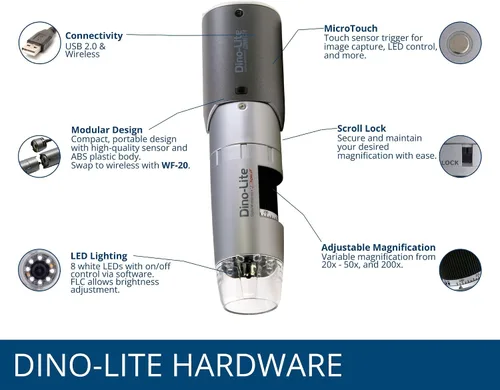 Vista 3 de Dino-Lite WF3113T - 0.3MP, 20x - 50x, 200x, medición, WF-20 incluido