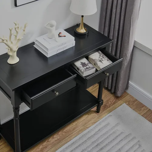 Vista 3 de SFZ-004BK - Mesa de entrada de madera maciza con 2 cajones, mesa de sofá decorativa con estante de almacenamiento, mesa de entrada estrecha