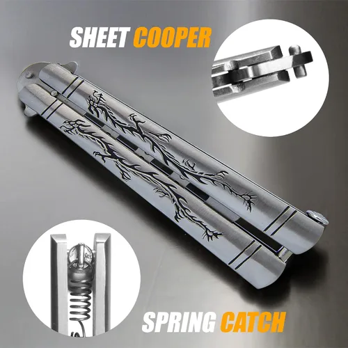 Vista 7 de Vornnex, cuchillo mariposa de práctica, hoja desafilada de acero inoxidable para entrenamiento, dragón negro (plateado)