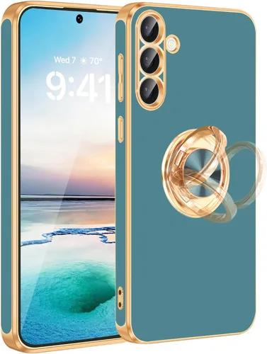 Vista 9 de Fingic Compatible con Samsung Galaxy S22 Funda con Soporte de Anillo, [Soporte de Anillo Giratorio 360° Magnético con Kickstand][Borde Dorado