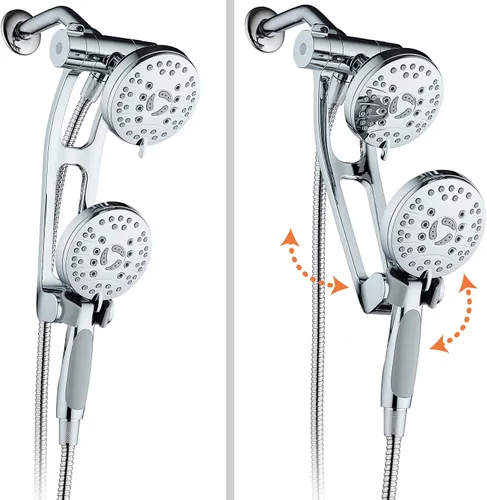 Vista 8 de Combo de lujo de 3 vías de alta presión de 48 modos con brazo de extensión ajustable – Cabezal de ducha dual de lluvia y de mano – Manguera de acero