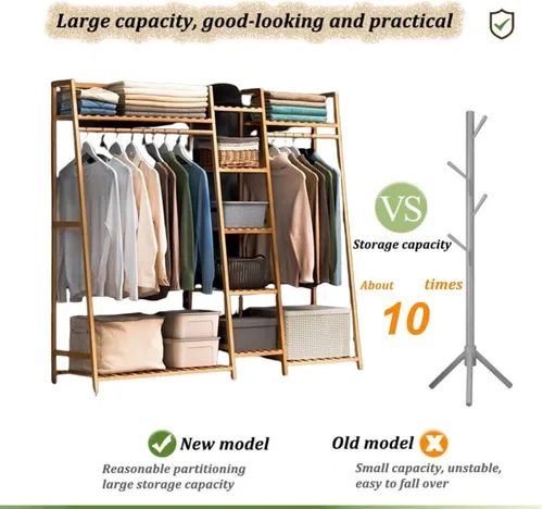 Vista 5 de Freestanding Clothes Hanging Rack with Hooks,Bamboo Garment Rack with Shoe Shelf,Heavy Duty Bamboo Garment Rack,Heavy Duty Bamboo Clothes Rail