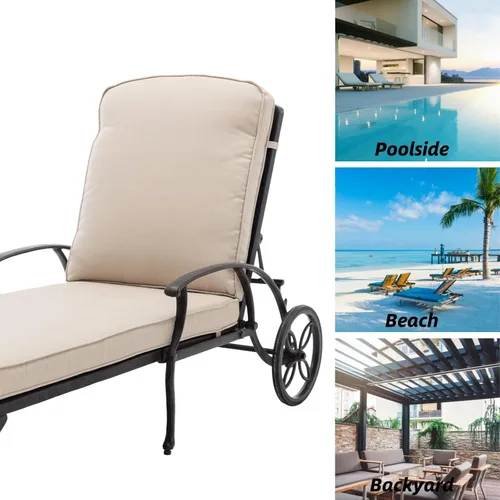 Vista 6 de Chaise Lounge - Silla de patio con ruedas, ajustable, reclinable, resistente al óxido, de aluminio fundido junto a la piscina, cojín beige
