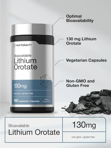 Vista 4 de Horbäach Orotato de litio 130 mg 180 cápsulas Sin OMG, sin gluten, vegano 5 mg de litio elemental biodisponible