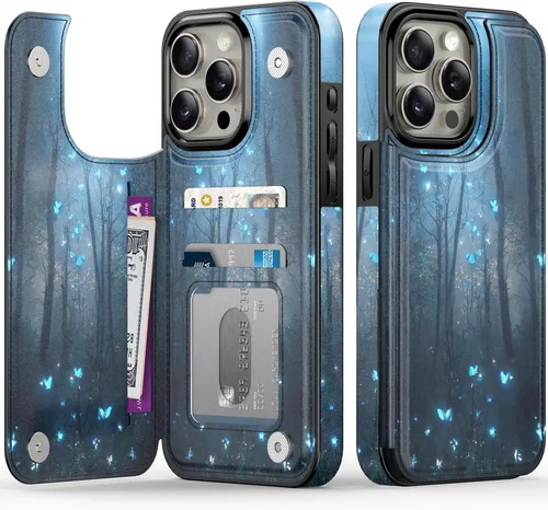 Vista 136 de FUNMIKO Funda tipo cartera para iPhone 15 con tarjetero + clip para efectivo, bloqueo RFID, protección contra caídas de grado militar y obras
