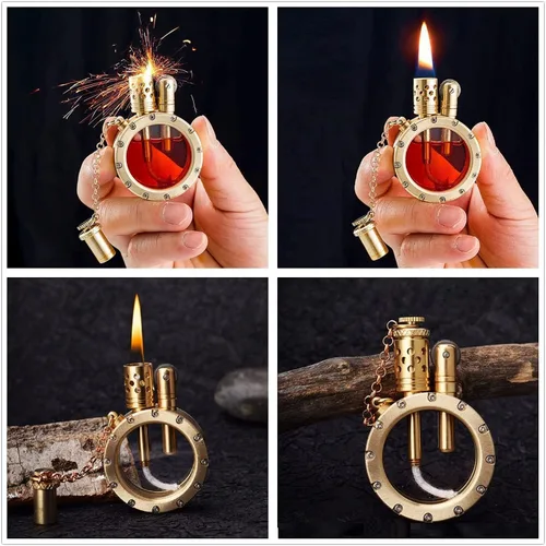 Vista 6 de Encendedor de queroseno antiguo vintage con diseño creativo de botella transparente, estilo steampunk fresco, rueda de encendido, regalos