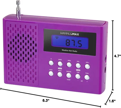 Vista 2 de HANNLOMAX HX-512R Radio portátil de alerta AM/FM/clima, reloj despertador, pantalla LCD, conector para auriculares, fuente de alimentación dual