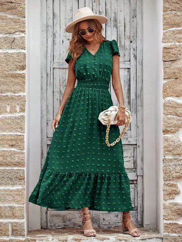 Vista 4 de PRETTYGARDEN - Vestido bohemio de manga corta con cuello en V y plumetí con volantes, vestido maxi fruncido de cóctel